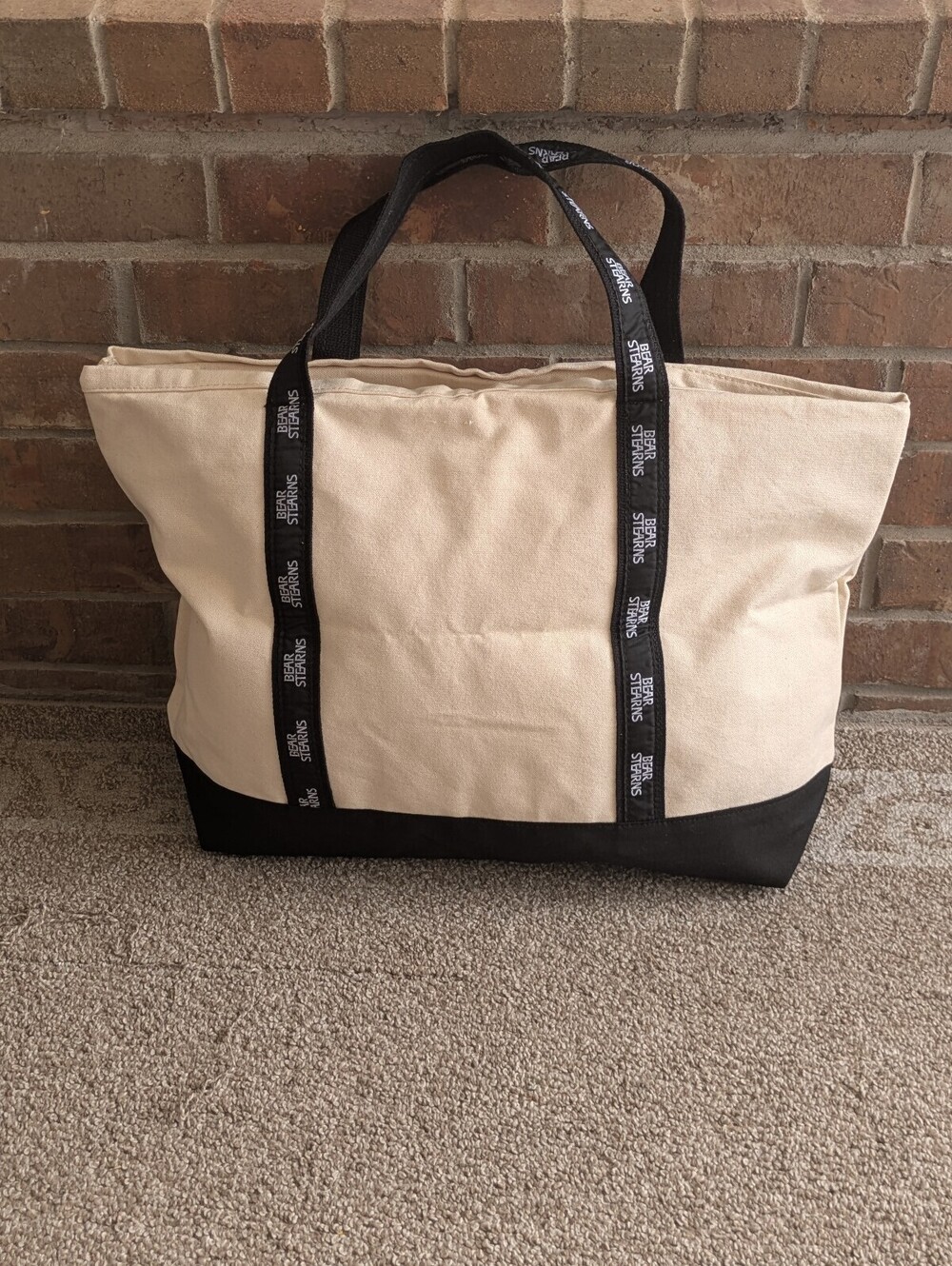 Bear Stearns Vintage Tote Bag Corporate Banker Boat Purse Cream Black Canvas